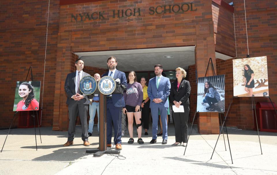 Sen. Elijah Reichlin-Melnick offers remarks about Alyssa's Law at Nyack High School, on Wednesday, June 8, 2022.  Alyssa's Law mandates panic alarms that send alerts directly to local law enforcement be installed in all schools in New York State.