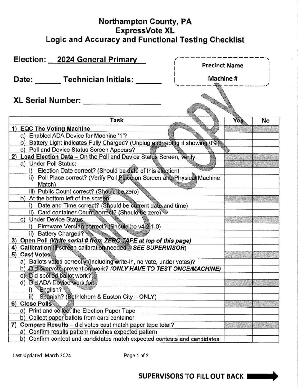 One page of Northampton County’s new election testing checklist.