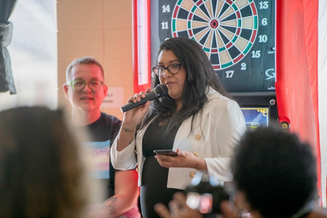 Jacquelyn Bernal-Montanez announces her bid for the city council at-large seat in front of supporters at the Star Bar on Saturday, April 1, 2023.