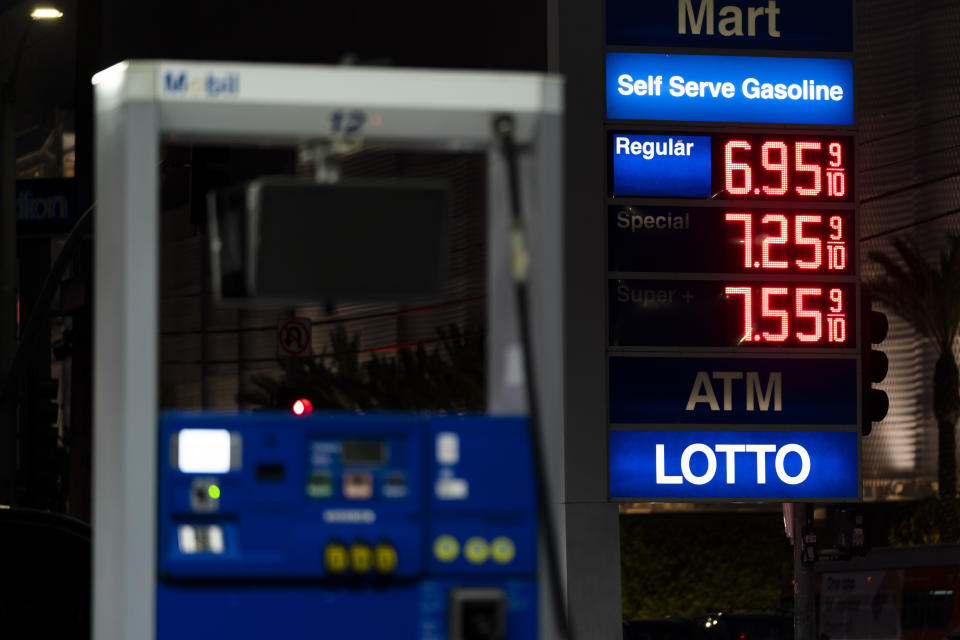 Gas prices are displayed at a Mobil gas station in West Hollywood, Calif., Tuesday, March 8, 2022. The average price for a gallon of gasoline in the U.S. hits a record $4.17 on Tuesday as the country prepares to ban Russian oil imports. (AP Photo/Jae C. Hong)