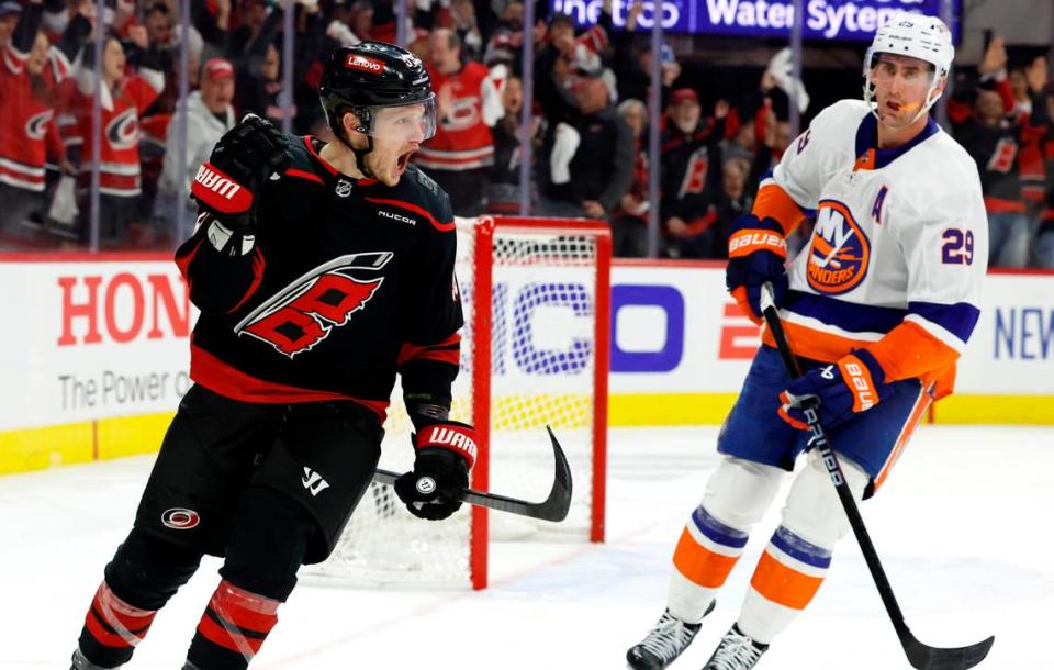 Carolina center Jake Guentzel (59) celebrates scoring an empty-net goal during the third period of the Hurricanes’ 5-3 victory over the Islanders in the first round of the Stanley Cup playoffs at PNC Arena in Raleigh, N.C., Monday, April 22, 2024. Ethan Hyman/ehyman@newsobserver.com