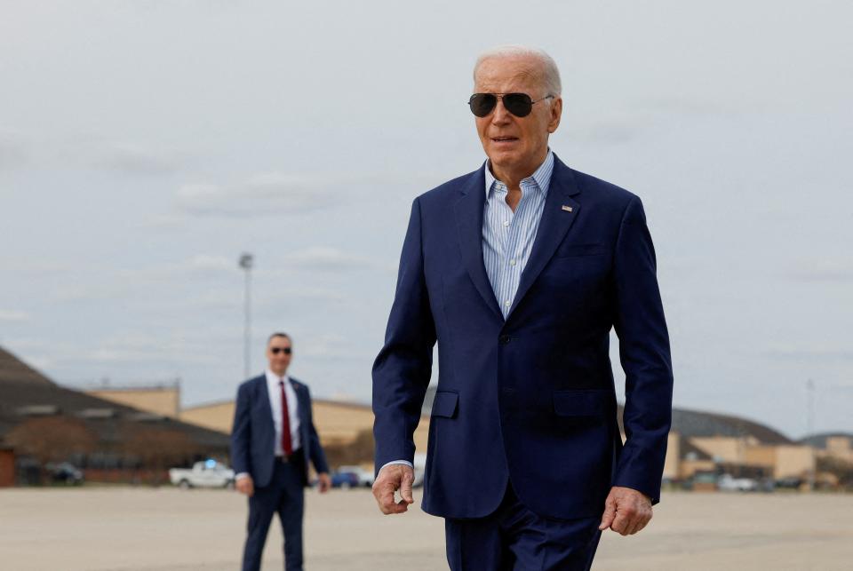 U.S. President Joe Biden walks at Joint Base Andrews before departure for a campaign event in Philadelphia, in Maryland, U.S., March 8, 2024. (REUTERS)