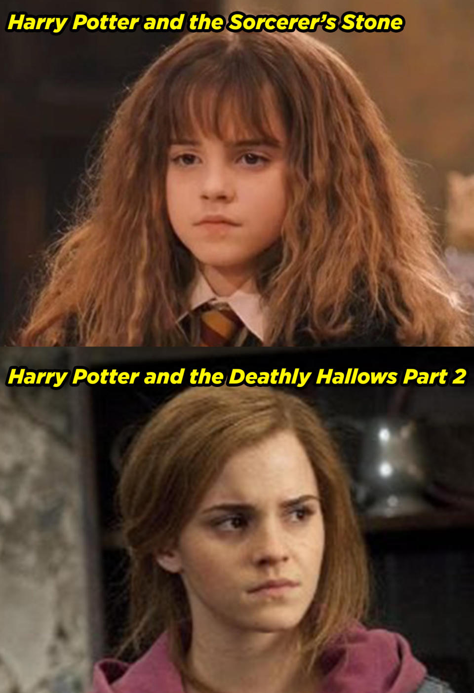 Emma Watson as a child in the Sorcerer's Stone and teenager in Deathly Hallows Part 2