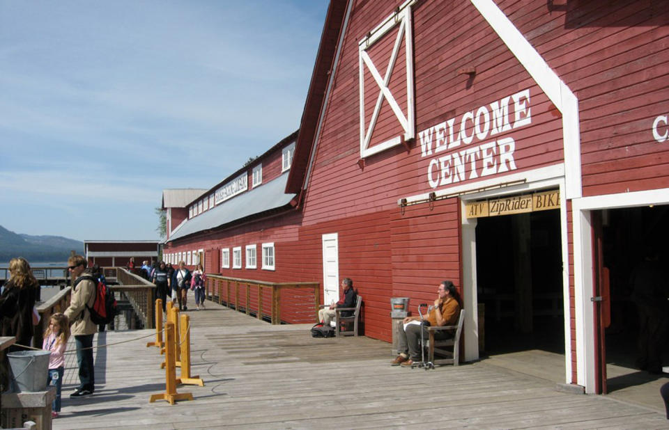 In this photo taken May 26, 2008, tourists are shown in front of the welcome center at Icy Strait Point in Hoonah Alaska. An Alaska Native village corporation that operates a popular cruise ship destination has launched a commercial consulting service for others seeking help developing their own cultural tourism ventures. Huna Totem Corp. opened Alaska Native Voices on Wednesday, May 1, 2013. Huna Totem is the village Native corporation for Hoonah, a largely Tlingit community of 775 in southeast Alaska and one of the front-runners of tribal tourism, a growing trend in Alaska and nationally. (AP Photo/ Icy Strait Point) NO SALES