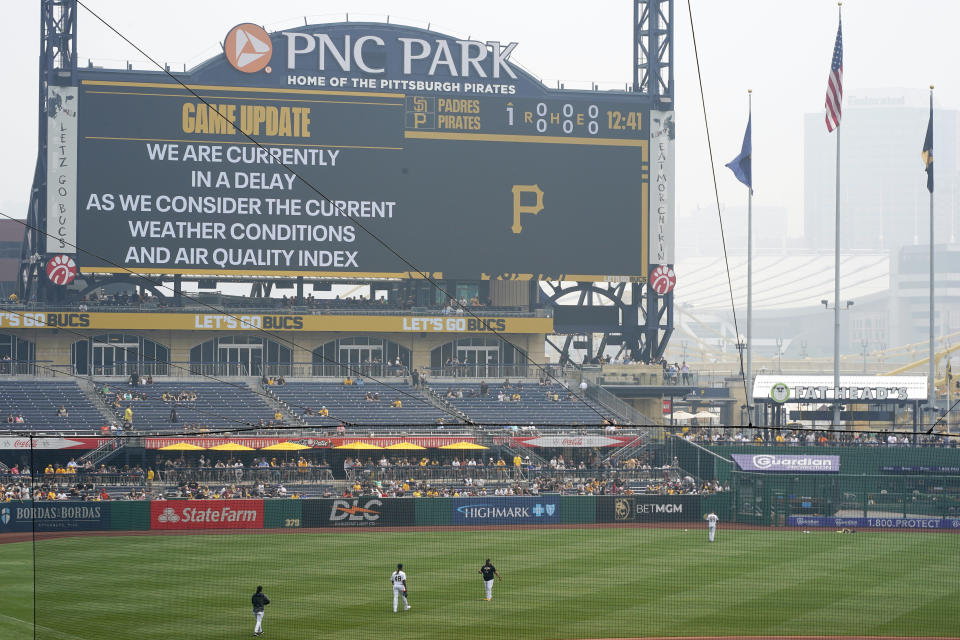 With the baseball game between the Pittsburgh Pirates and the San Diego Padres delayed due to haze from Canadian Wildfires Pittsburgh Pirates starting pitcher Luis Ortiz walks to the bullpen to begin warming up at PNC Park in Pittsburgh, Thursday, June 29, 2023. (AP Photo/Gene J. Puskar)