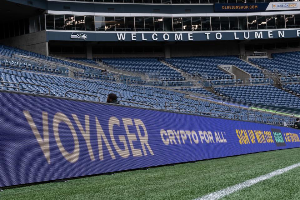 May 29, 2022; Seattle, Washington, USA;  A Voyager LED reader board is pictured before a match between the San Diego Wave and OL Reign at Lumen Field. Mandatory Credit: Stephen Brashear-USA TODAY Sports