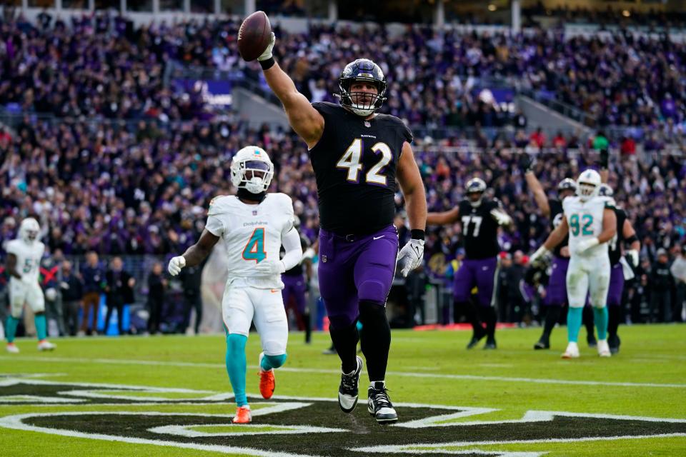 Baltimore Ravens fullback Patrick Ricard celebrates a touchdown catch against the Miami Dolphins earlier this season.