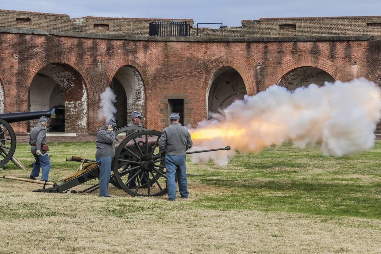 FILE: A cannon is shot at Fort Pulaski National Monument. The National Park Service is seeking to update the historic site in coming years to accomodate visitors and operational needs and make the site resilient to climate change.