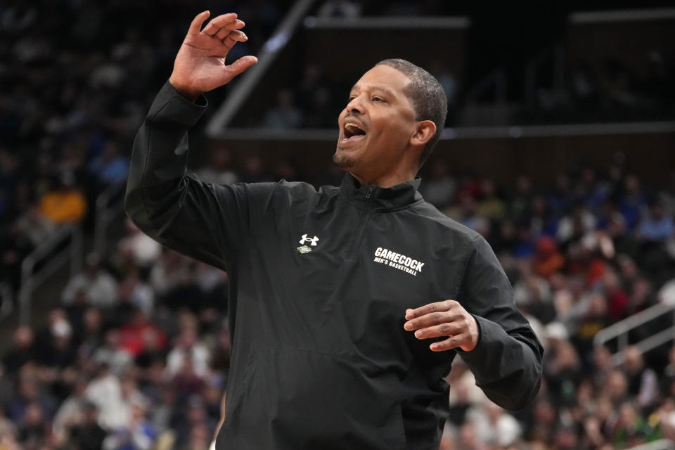 South Carolina head coach Lamont Paris yells instructions during the first half of a first-round college basketball game against Oregon in the NCAA Tournament in Pittsburgh, Thursday, March 21, 2024. (AP Photo/Gene J. Puskar)
