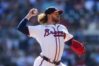 Atlanta Braves relief pitcher Pierce Johnson (38) delivers in the ninth inning of a baseball game against the Arizona Diamondbacks Sunday, April 7, 2024, in Atlanta. (AP Photo/John Bazemore)