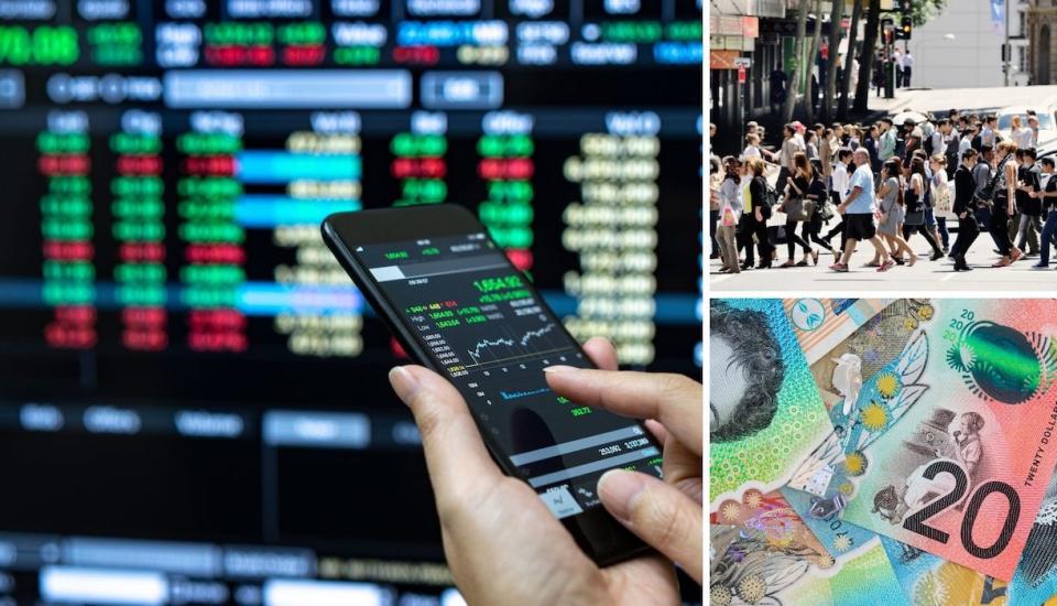 Compilation image of stock tickers on a smartphone, pile of Australian dollars and Australians crossing the street