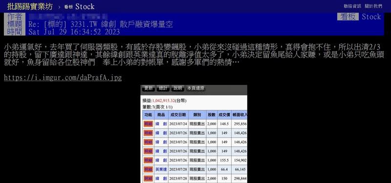 存股族出清緯創，賣在148.5-155.5元，獲利百萬。（圖／翻攝自PTT股市板）