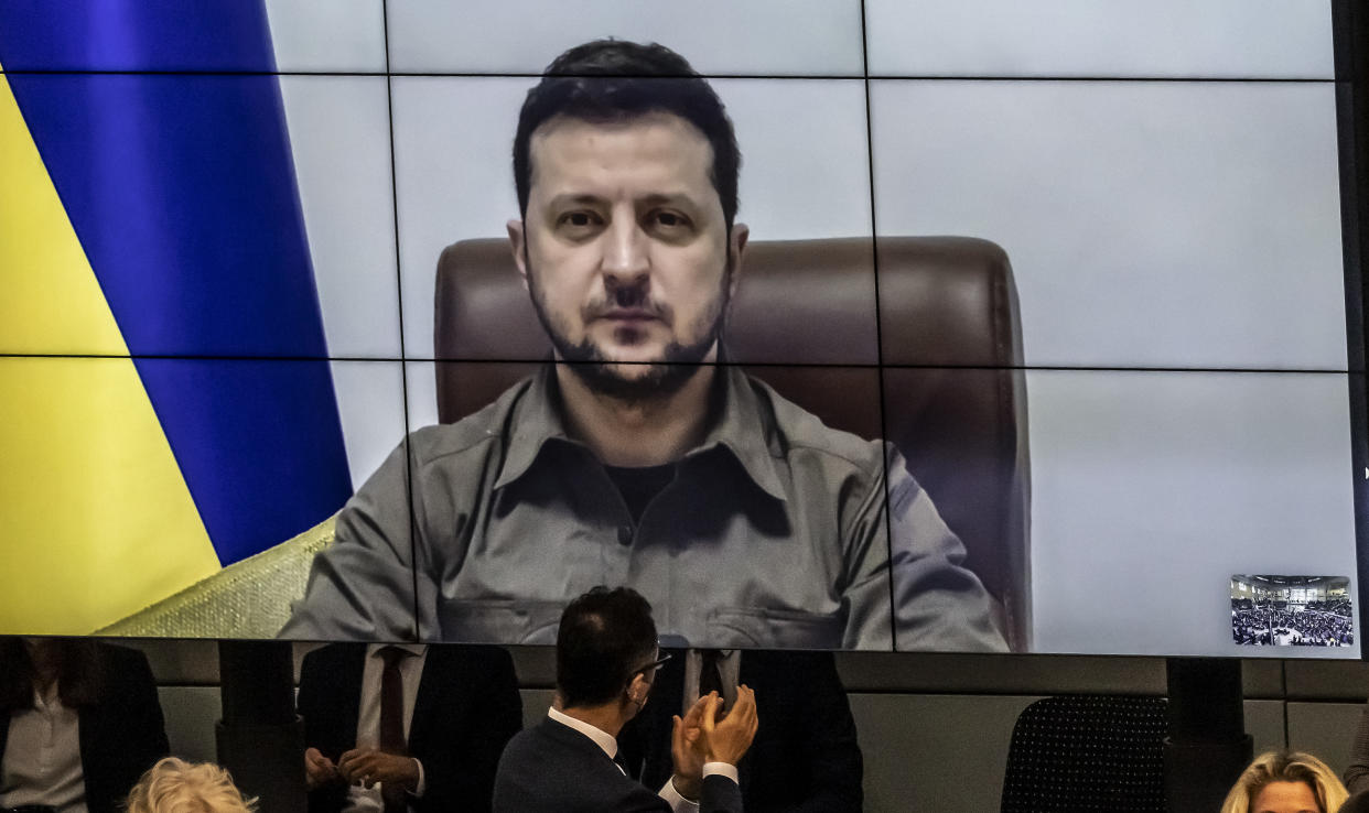 BERLIN, GERMANY - MARCH 17: Ukrainian President Volodymyr Zelensky addresses the Bundestag via live video from the embattled city of Kyiv on March 17, 2022 in Berlin, Germany. Zelensky has been pleading NATO member states to enforce a no-fly zone over Ukraine, which NATO has so far declined, citing the need to avoid a direct military confrontation with Russia. (Photo by Hannibal Hanschke/Getty Images)