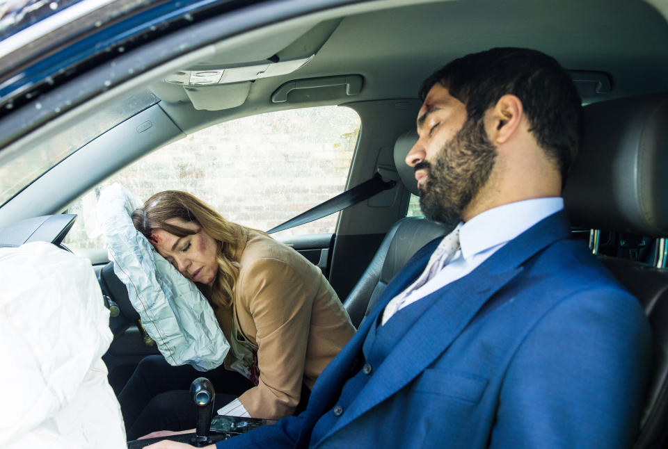 FROM ITV

STRICT EMBARGO - No Use Before Tuesday 25th May 2022

Coronation Street - Ep 10653

Tuesday 31st May 2022

Toyah Habeeb [GEORGIA TAYLOR] and Imran Habeeb [CHARLIE ME MELO lie unconscious in the wreckage following a car crash

Picture contact - David.crook@itv.com

Photographer - Danielle Baguley

This photograph is (C) ITV Plc and can only be reproduced for editorial purposes directly in connection with the programme or event mentioned above, or ITV plc. Once made available by ITV plc Picture Desk, this photograph can be reproduced once only up until the transmission [TX] date and no reproduction fee will be charged. Any subsequent usage may incur a fee. This photograph must not be manipulated [excluding basic cropping] in a manner which alters the visual appearance of the person photographed deemed detrimental or inappropriate by ITV plc Picture Desk. This photograph must not be syndicated to any other company, publication or website, or permanently archived, without the express written permission of ITV Picture Desk. Full Terms and conditions are available on  www.itv.com/presscentre/itvpictures/terms
