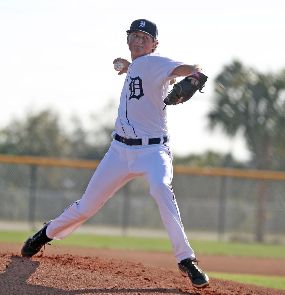 Detroit Tigers pitching prospect Reese Olson throws live batting practice during spring training minor league minicamp Thursday, Feb. 24, 2022 at TigerTown in Lakeland, Fla.