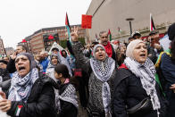 The demonstration 'Everyone on the street for a free Palestine' at Forum in Copenhagen, Denmark, Sunday May 5, 2024. The demonstration has caused debate because it takes place on Denmarks WWII Liberation Day. (Ólafur Steinar Rye Gestsson/Ritzau Scanpix via AP)