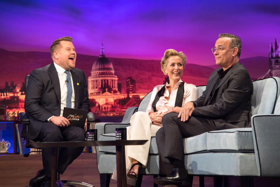 LOS ANGELES - JUNE 17: James chats with guests, Tom Hanks and Gillian Anderson onThe Late Late Show with James Corden broadcasting from London.    Airing June 17th, 2019 (12:37-1:37 AM, ET/PT) (Photo by Craig Sugden/CBS via Getty Images) 