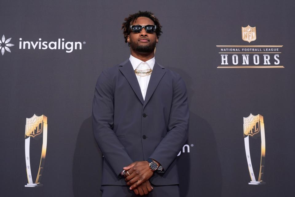 Denzel Ward of the Cleveland Browns poses on the red carpet at the NFL Honors award show ahead, Thursday, Feb. 8, 2024, in Las Vegas.