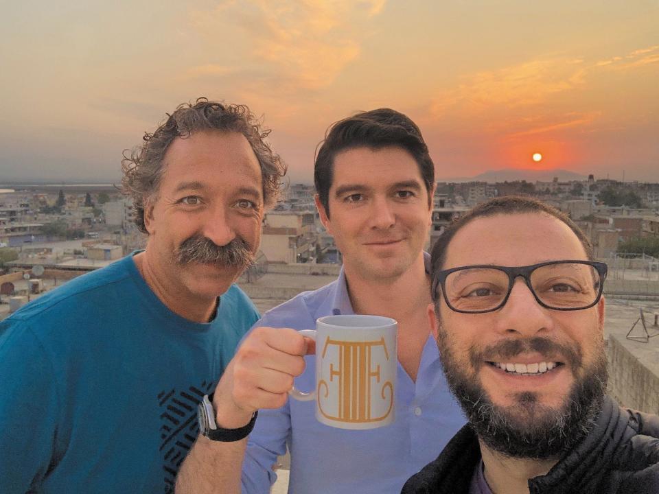 Benjamin Hall, center with Pierre Zakrzewski and producer Tim Santhouse in northeastern Syria in 2019.