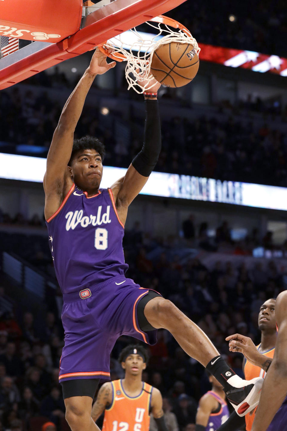 World forward Rui Hachimura, of the Washington Wizards, dunks against the United States during the first half of the NBA Rising Stars basketball game in Chicago, Friday, Feb. 14, 2020. (AP Photo/Nam Y. Huh)