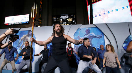 Cast member Jason Momoa performs a haka dance at the premiere for "Aquaman" in Los Angeles, California, U.S., December 12, 2018. REUTERS/Mario Anzuoni/File Photo
