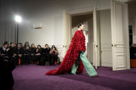 FILE - A model wears a creation for Valentino as part of the Haute Couture Spring-Summer 2024 collection presented in Paris, Wednesday, Jan. 24, 2024. (AP Photo/Thibault Camus, File)