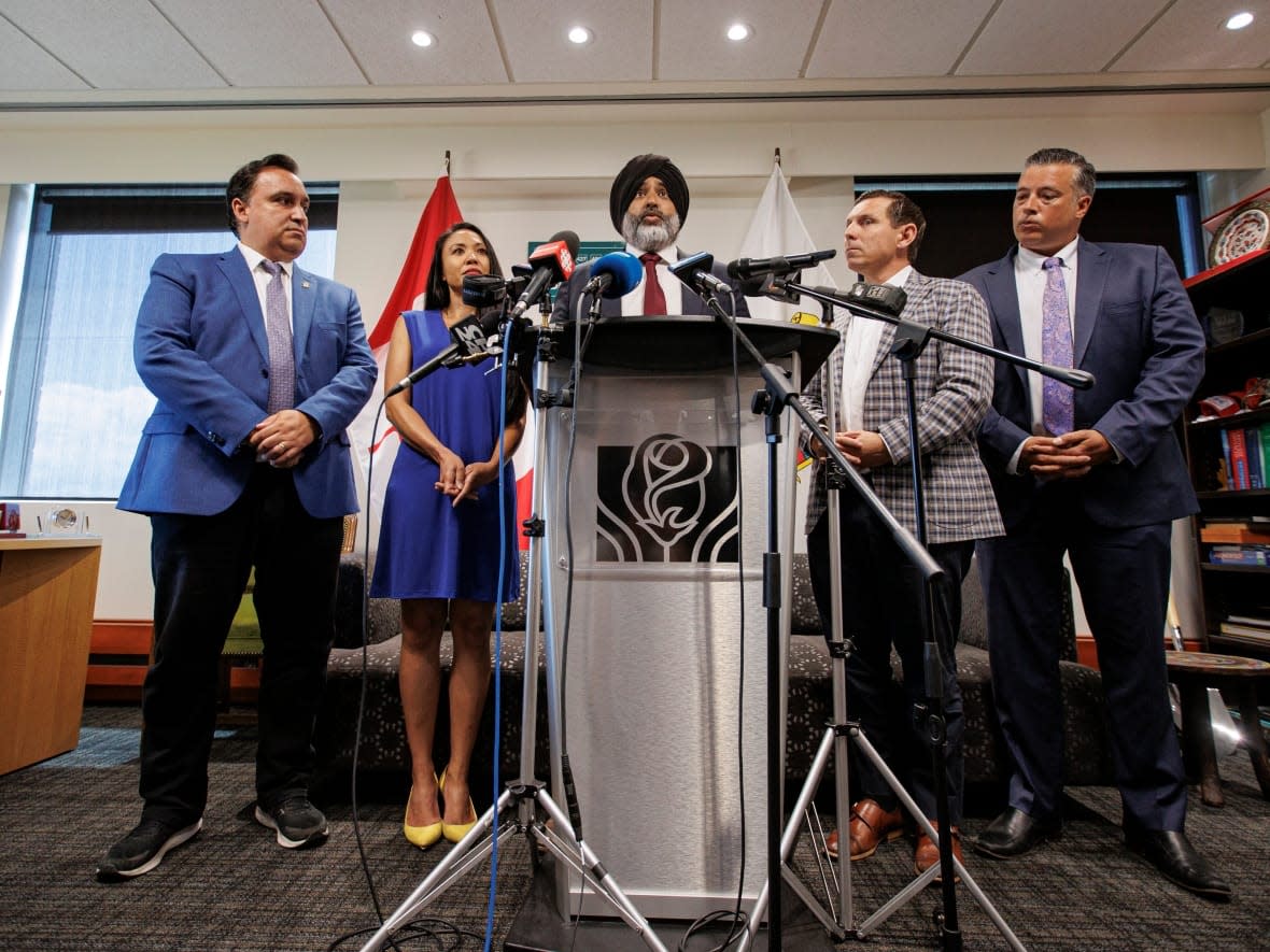 Brampton Mayor Patrick Brown holds a press conference with Brampton councillors, from left to right, Paul Vicente, Rowena Santos, Harkirat Singh and Michael Palleschi at Brown's office at Brampton City Hall, on July 12, 2022 following a judge's decision to quash a controversial appointment to fill a vacant seat on city council. (Evan Mitsui/CBC - image credit)