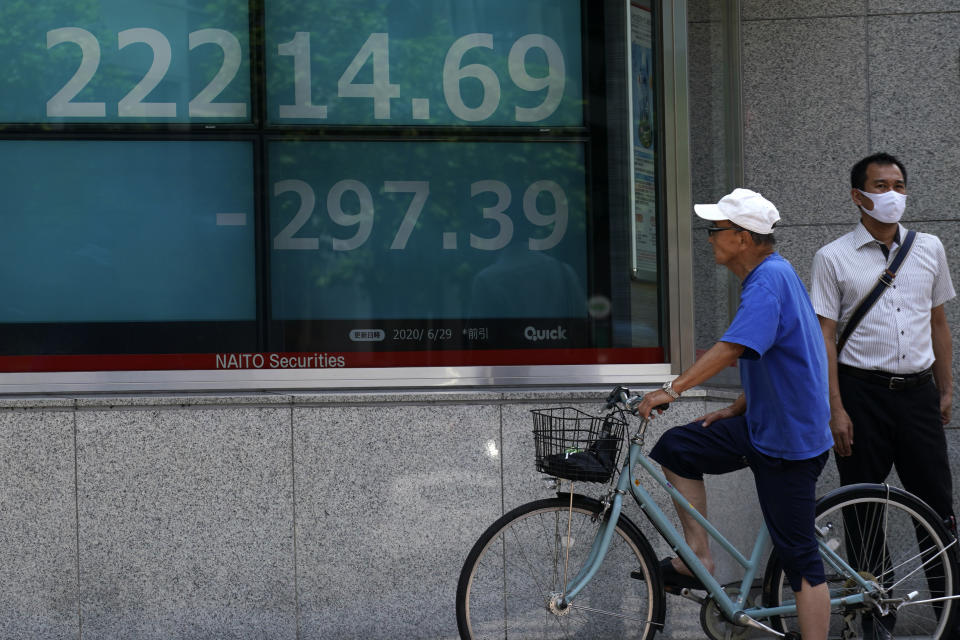 A man looks at an electronic stock board showing Japan's Nikkei 225 index at a securities firm in Tokyo Monday, June 29, 2020. Shares fell Monday in Asia, tracking losses on Wall Street as rising virus cases cause some U.S. states to backtrack on pandemic reopenings. (AP Photo/Eugene Hoshiko)