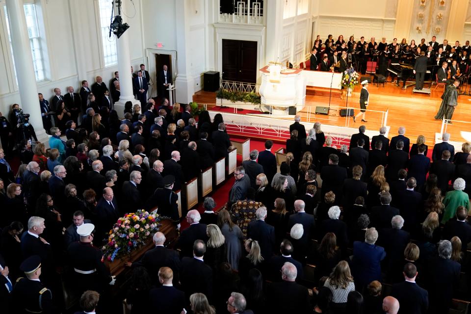 A photo of the casket of former first lady Rosalynn Carter, arriving inside Glenn Memorial Church.