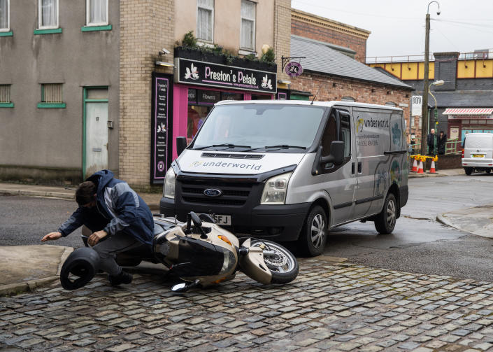 FROM ITV

STRICT EMBARGO - No Use Before Tuesday 7th February 2023

Coronation Street - Ep 1088081

Friday 19th February 2023

Stephen Reid [TODD BOYCE] hands Carla Barlow [ALISON KING] a mug of tea laced with LSD and convinces her that she cancelled the meeting with Dick Havisham. When Dick Havisham calls wondering where she&#xe2;&#x80;&#x99;s got to, Carla heads off to meet him, clearly flustered. Peter Barlow [CHRIS GASCOYNE] offers Paul Foreman [PETER ASH] a spin on his new motorbike. Carla calls at the garage to collect her car, but Abi refuses to hand over her keys.  Carla spots the Underworld van and starts the engine and careers down the street, crashing into Paul astride Peter&#xe2;&#x80;&#x99;s bike. Paul winces in pain.  

Picture contact - David.crook@itv.com

Photographer - Danielle Baguley

This photograph is (C) ITV and can only be reproduced for editorial purposes directly in connection with the programme or event mentioned above, or ITV plc. This photograph must not be manipulated [excluding basic cropping] in a manner which alters the visual appearance of the person photographed deemed detrimental or inappropriate by ITV plc Picture Desk. This photograph must not be syndicated to any other company, publication or website, or permanently archived, without the express written permission of ITV Picture Desk. Full Terms and conditions are available on the website www.itv.com/presscentre/itvpictures/terms
