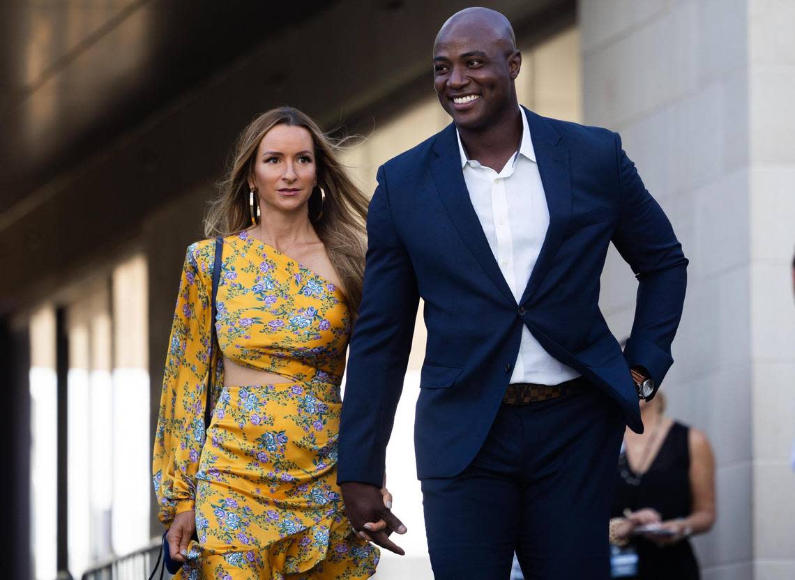 Former Dallas Cowboys linebacker DeMarcus Ware walks the blue carpet for the season kickoff event Thursday, Aug. 25, 2022, at Ford Center in Frisco.
