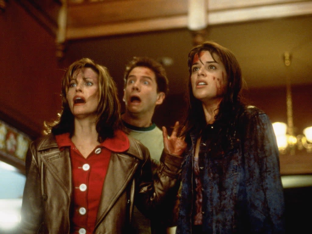 Celebrity victims: Courteney Cox, Jamie Kennedy and Neve Campbell in the original ‘Scream' (Sky/Dimension Films)