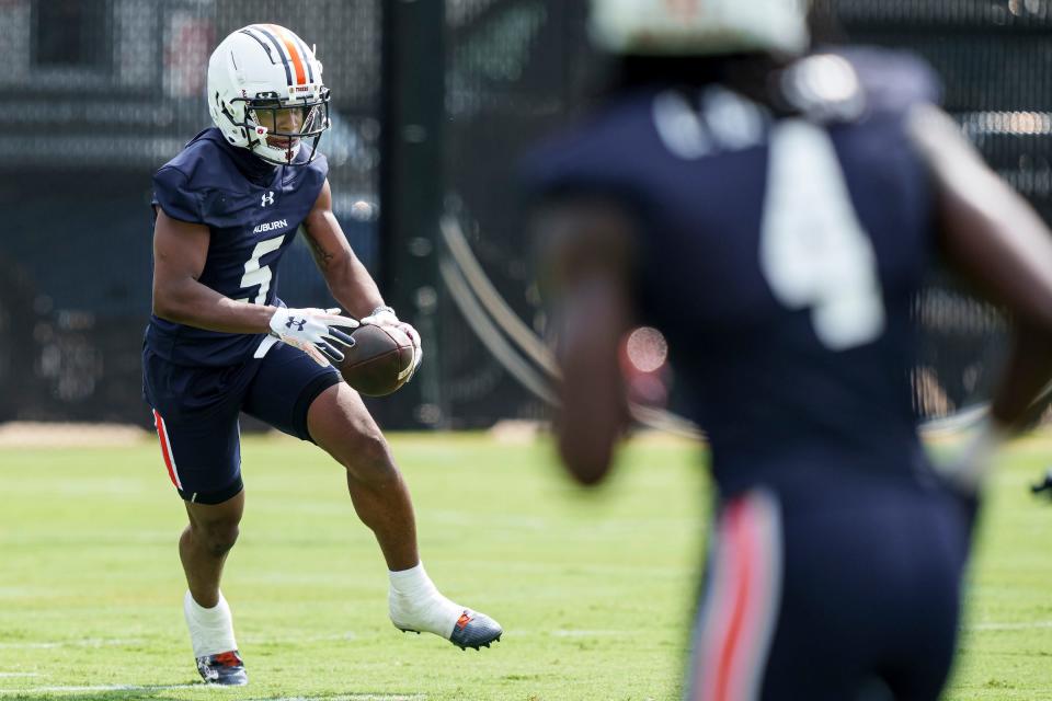Auburn wide receiver Jay Fair (5) during a practice at the Woltosz Football Performance Center on Aug. 3, 2023.