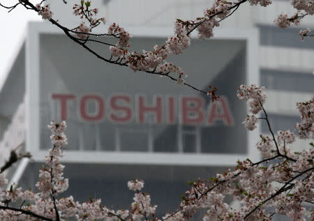 The logo of Toshiba Corp is seen behind cherry blossoms at the company's headquarters in Tokyo, Japan April 11, 2017. REUTERS/Toru Hanai