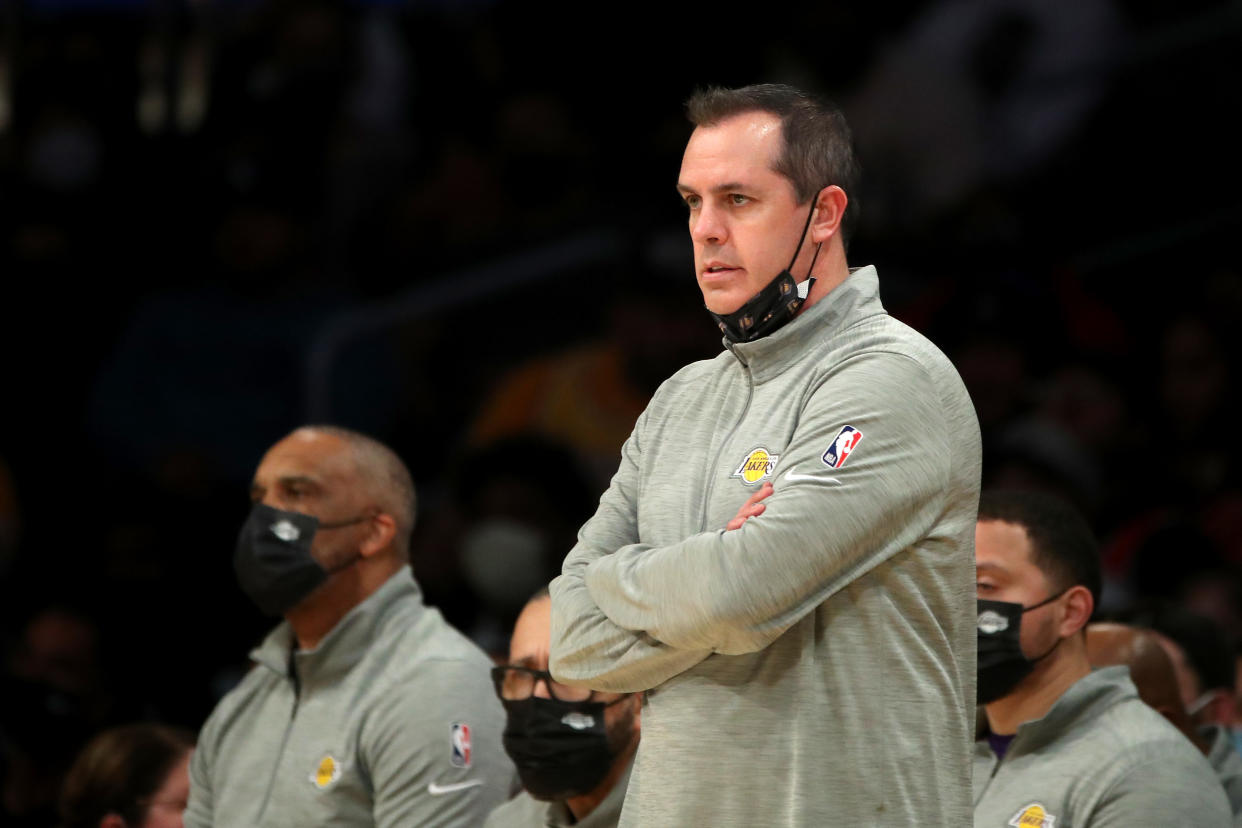 Los Angeles Lakers head coach Frank Vogel looks on during a game.