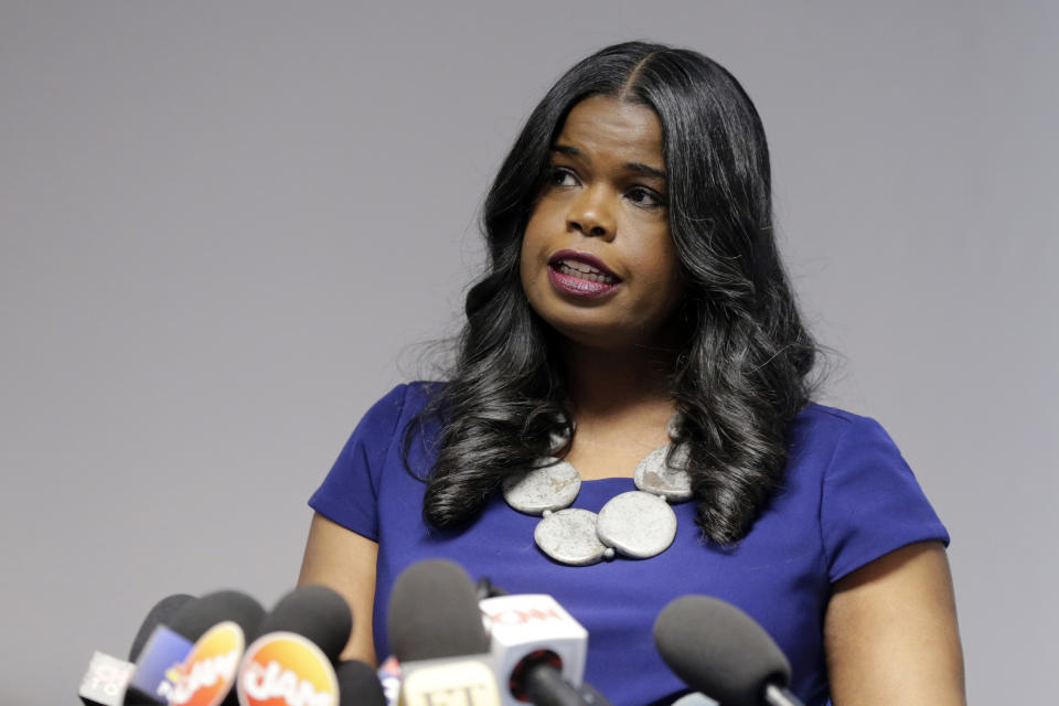 FILE - In this Feb. 22, 2019 file photo, Cook County State's Attorney Kim Foxx speaks at a news conference, in Chicago. Text messages show Fox, the Chicago prosecutor whose office handled the case of "Empire" actor Jussie Smollett told her top deputy that Smollett was a "washed up celeb" who was overcharged. The office of Cook County State's Attorney released thousands of documents from the investigation late Tuesday, April 16, 2019, in response to media requests. (AP Photo/Kiichiro Sato, File)