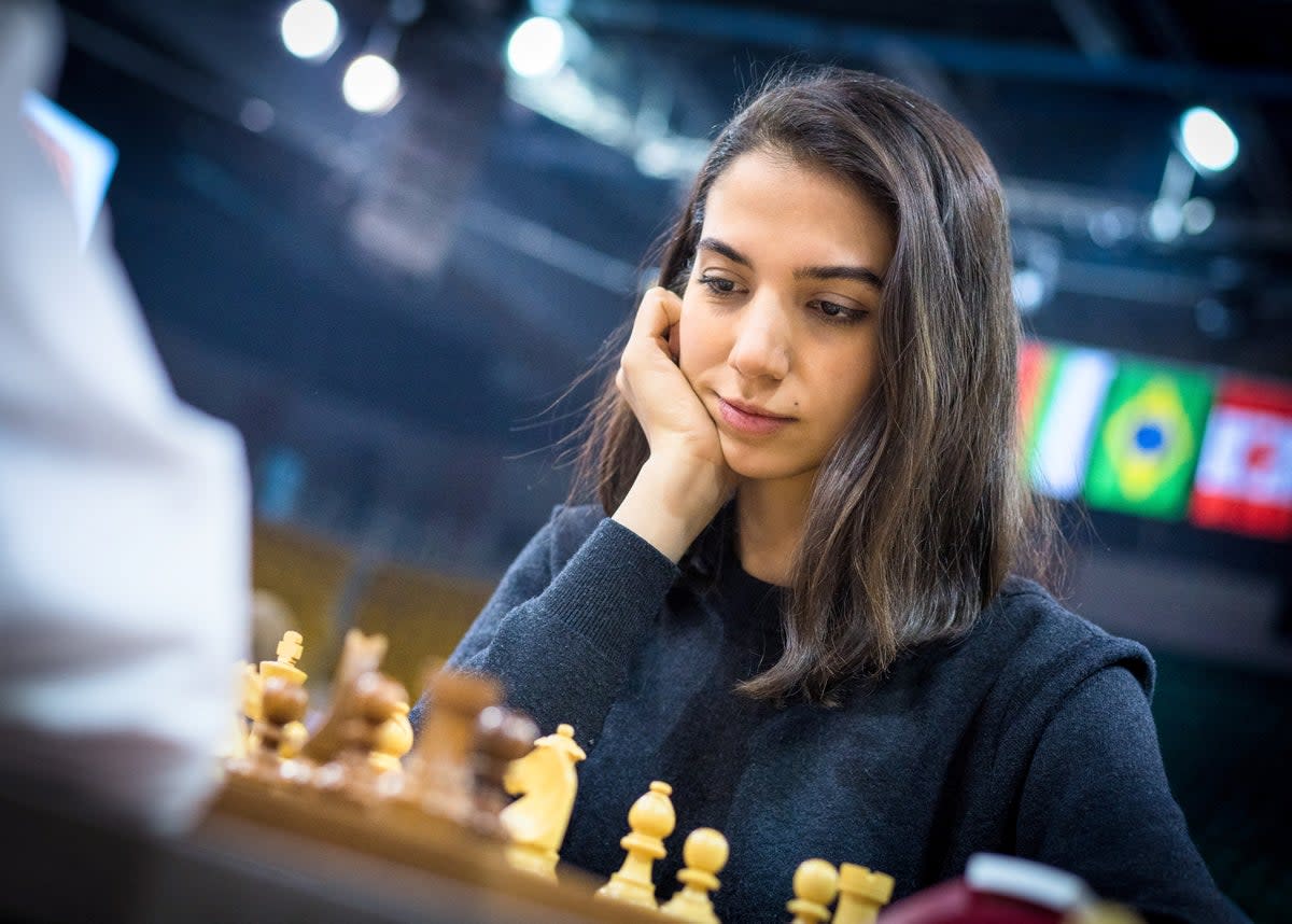 Sara Khadem competes without a hijab in the FIDE World Rapid and Blitz Chess Championships in Almaty, Kazakhstan (via REUTERS)