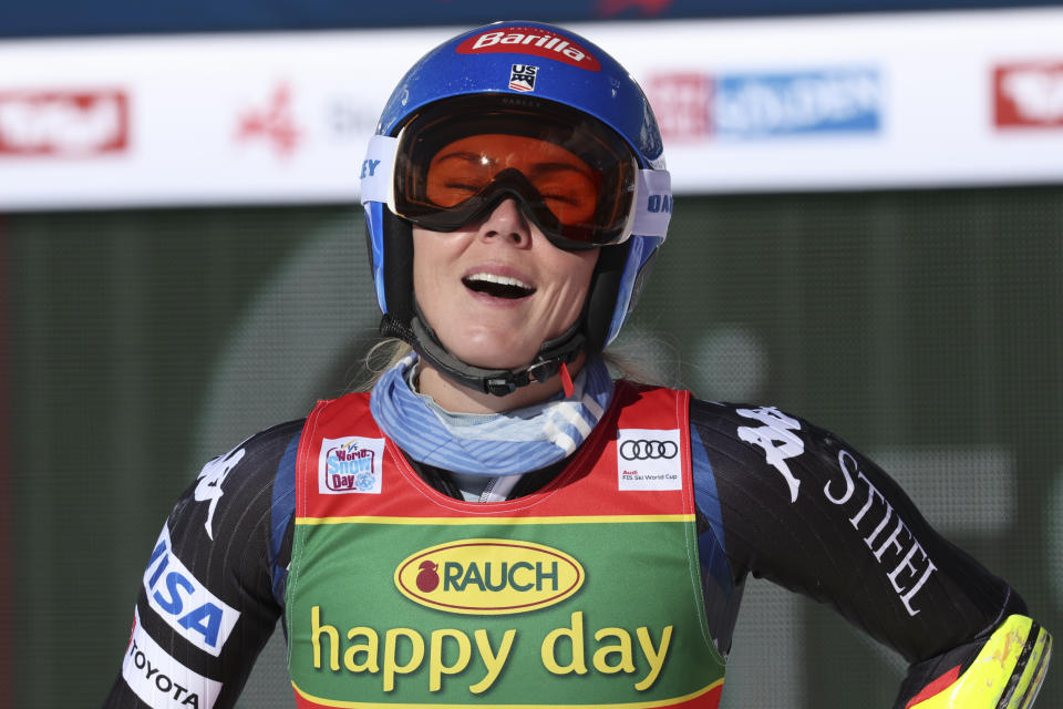 United States' Mikaela Shiffrin reacts after completing an alpine ski, women's World Cup giant slalom race, in Soelden, Austria, Saturday, Oct. 28, 2023. Shiffrin finished sixth. (AP Photo/Alessandro Trovati)