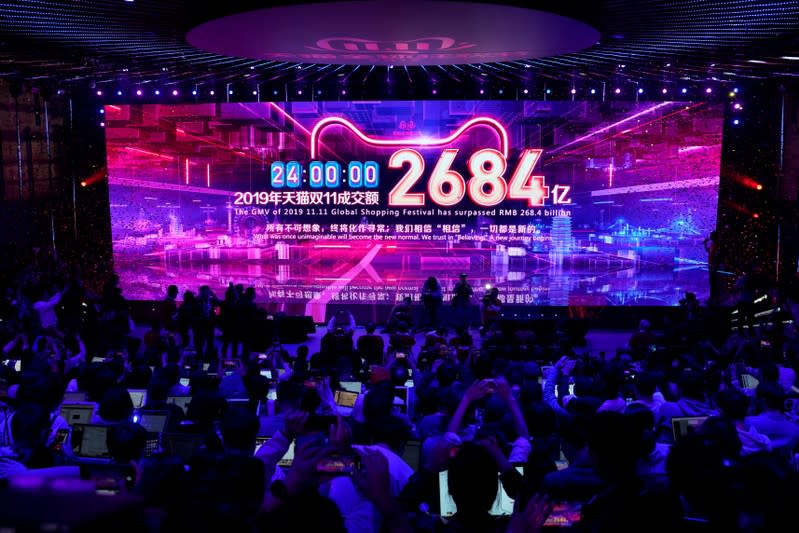 Screen shows the value of goods being transacted during Alibaba Group's Singles' Day global shopping festival at the company's headquarters in Hangzhou