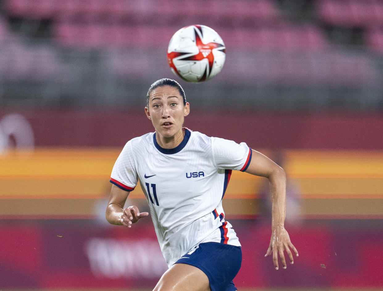 KASHIMA, JAPAN - AUGUST 2: Christen Press #11 of the USWNT looks to the ball during a game between Canada and USWNT at Kashima Soccer Stadium on August 2, 2021 in Kashima, Japan. (Photo by Brad Smith/ISI Photos/Getty Images)