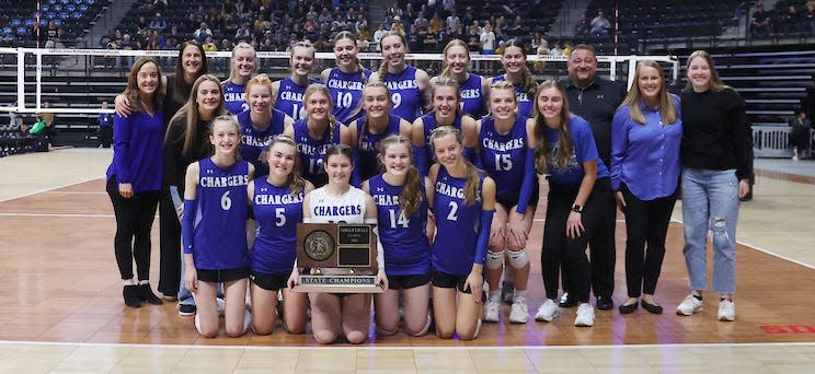 The Sioux Falls Christian Chargers won their seventh-straight state Class A volleyball championship with a 3-1 victory over Rapid City Christian on Saturday, Nov. 18, 2023 in the Summit Arena at The Monument in Rapid City.