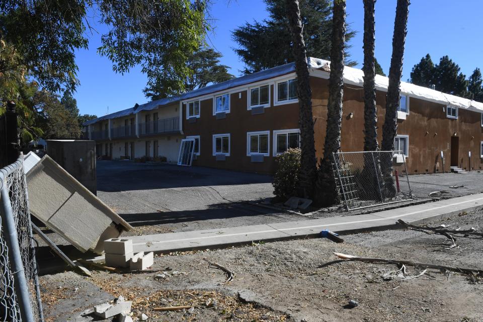Work appears halted on Wednesday at the former Quality Inn & Suites in Thousand Oaks. The property was slated to become permanent supportive housing for those previously homeless.