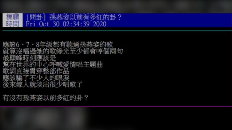 原PO詢問「孫燕姿以前有多紅？」（圖 / 翻攝自PTT）