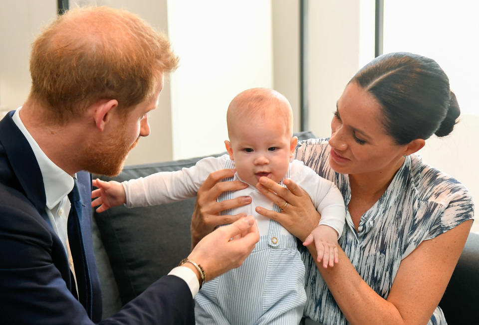 Prince Harry, Duke of Sussex, Meghan, Duchess of Sussex and their baby son Archie Mountbatten-Windsor meet Archbishop Desmond Tutu and his daughter Thandeka Tutu-Gxashe at the Desmond & Leah Tutu Legacy Foundation during their royal tour of South Africa on September 25, 2019 in Cape Town, South Africa. (Photo by Toby Melville/Pool/Samir Hussein/WireImage)