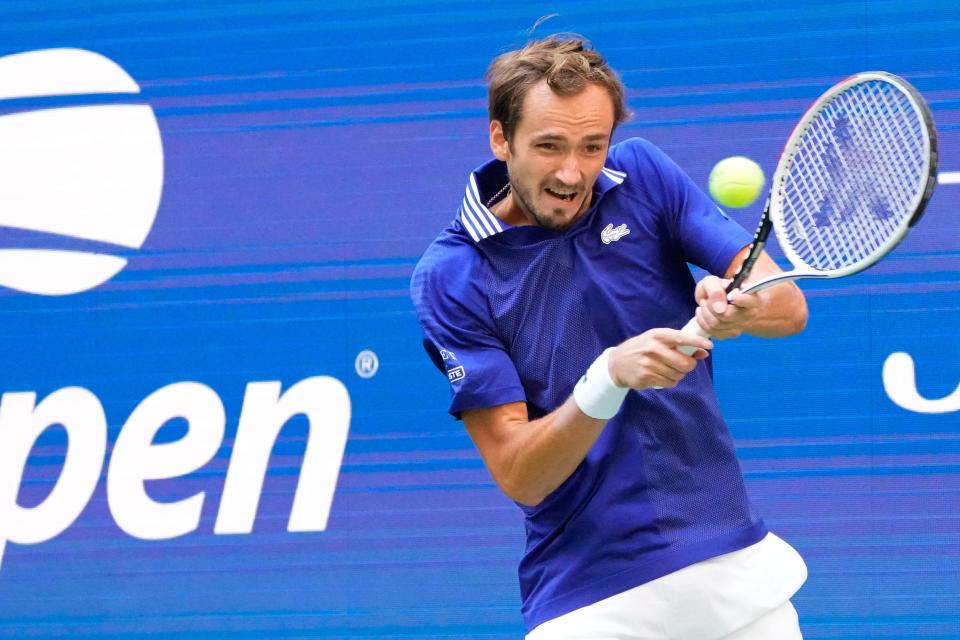 No. 2 seed Daniil Medvedev of Russia hits a backhand against No. 12 Felix Auger-Aliassime during the U.S. Open semifinals.