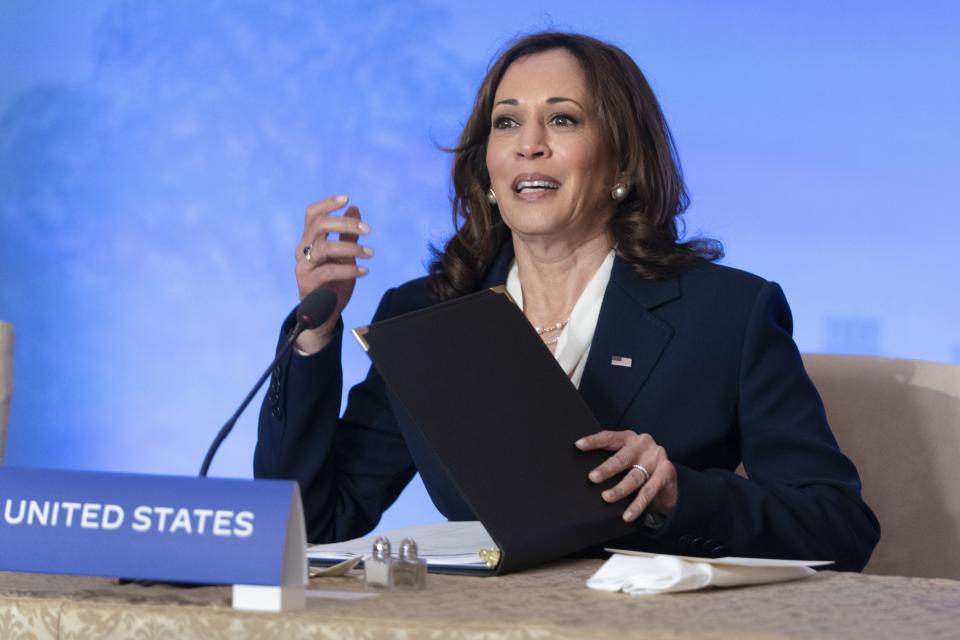 Vice President Kamala Harris takes her seat as she attends the US-ASEAN Summit, Friday, May 13, 2022, at the State Department in Washington. (AP Photo/Jacquelyn Martin)