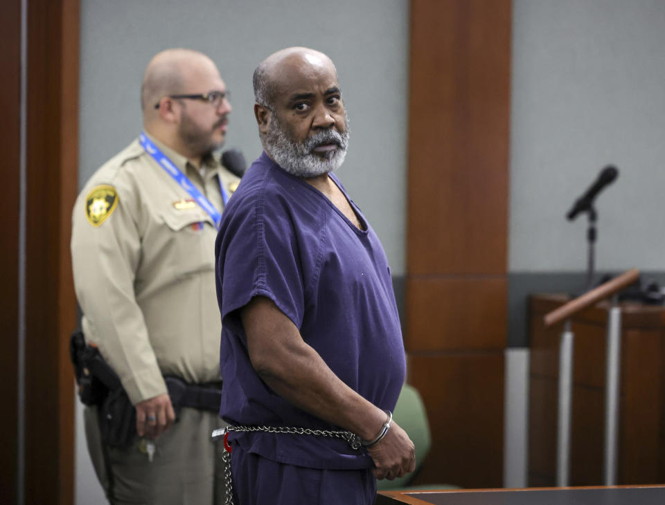 Duane Keith “Keffe D” Davis appears for his arraignment at the Regional Justice Center, Thursday, Nov. 2, 2023, in Las Vegas. Davis, a former Southern California street gang leader, pleaded not guilty Thursday to orchestrating a drive-by shooting that killed Tupac Shakur in 1996 in Las Vegas. (Ethan Miller/Pool Photo via AP)