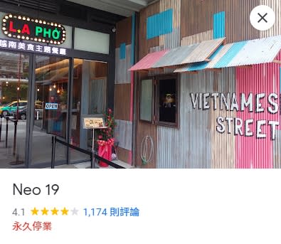 Google Map上顯示Neo 19「永久停業」。（圖／翻攝自Google Maps）