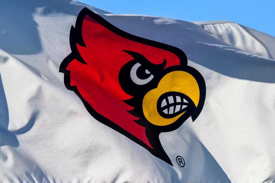 CARY, NC - NOVEMBER 11: A flag waves in the wind displaying the Louisville Cardinals logo during the ACC Men's Soccer Championship between the North Carolina Tar Heels and the Louisville Cardinals on November 11, 2018 at WakeMed Soccer Park in Raleigh, NC. (Photo by William Howard/Icon Sportswire via Getty Images)