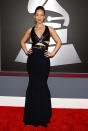 <b>Alicia Keys</b><br> <b>Grade: B-</b><br> The "Girl Is On Fire" songstress wore a black dress featuring a leather bodice with cutouts, dangling earrings, and an elegant updo. While we're not <i>huge</i> fans of the finished product, Keys earns kudos for keeping things interesting, rather than opting for a more plain style.